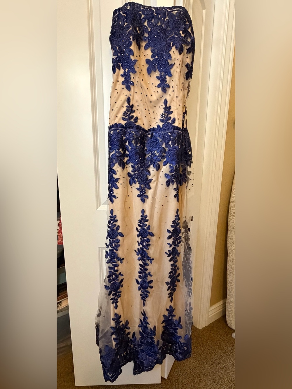Nude Tulle Evening Gown with Royal Blue Floral Appliqué